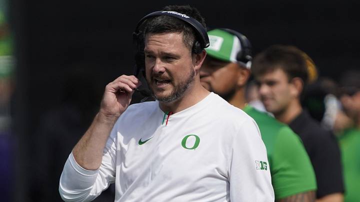 Sep 13, 2025; Evanston, Illinois, USA; Oregon Ducks head coach Dan Lanning on the sideline against the Northwestern Wildcats during the first half at Northwestern Medicine Field at Martin Stadium. Mandatory Credit: David Banks-Imagn Images