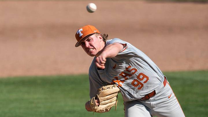 Texas Longhorns' Dylan Volantis (99) pitches as Auburn Tigers take on Texas Longhorns at Plainsman Park in Auburn, Ala. on Sunday, March 22, 2026.