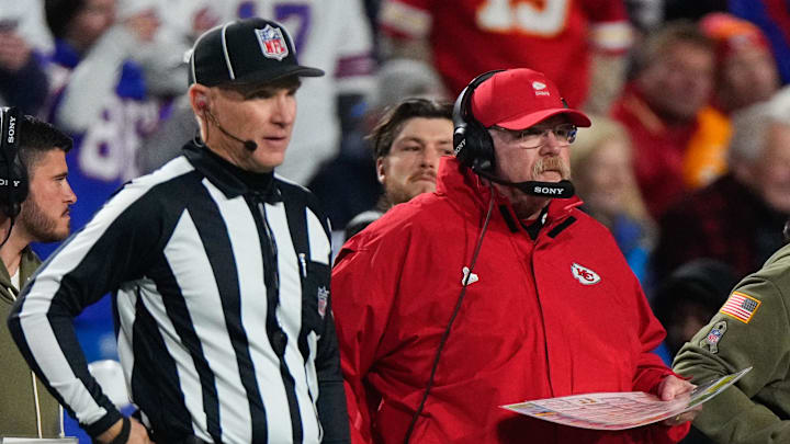 Nov 2, 2025; Orchard Park, New York, USA; Kansas City Chiefs head coach Andy Reid looks on during the second quarter against the Buffalo Bills at Highmark Stadium. Mandatory Credit: Gregory Fisher-Imagn Images