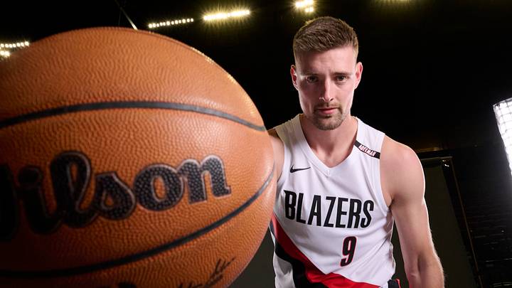 Sep 28, 2026; Portland, OR, USA; Portland Trail Blazers forward Micah Potter (9) during media day. Mandatory Credit: Troy Wayrynen-Imagn Images