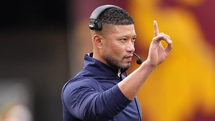 Nov 30, 2024; Los Angeles, California, USA; Notre Dame Fighting Irish head coach Marcus Freeman gestures in the first half against the Southern California Trojans at United Airlines Field at Los Angeles Memorial Coliseum. 