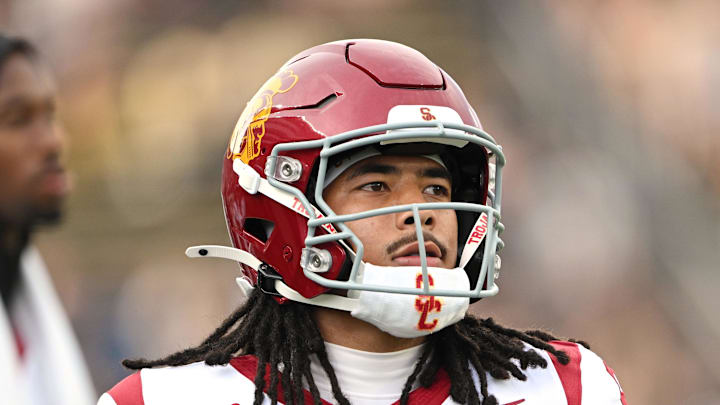 Sep 13, 2025; West Lafayette, Indiana, USA; Southern California Trojans wide receiver Makai Lemon (6) warms up before the game against the Purdue Boilermakers at Ross-Ade Stadium. Mandatory Credit: Marc Lebryk-Imagn Images