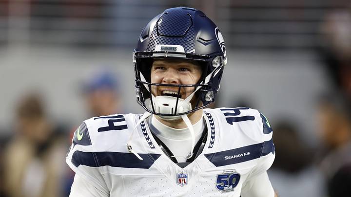 Seattle Seahawks quarterback Sam Darnold reacts during the first half at Levi's Stadium.