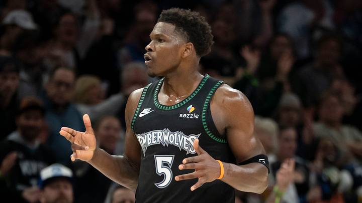 Mar 3, 2026; Minneapolis, Minnesota, USA; Minnesota Timberwolves guard Anthony Edwards (5) celebrates after a three point basket against the Memphis Grizzlies in the second half at Target Center. Mandatory Credit: Jesse Johnson-Imagn Images