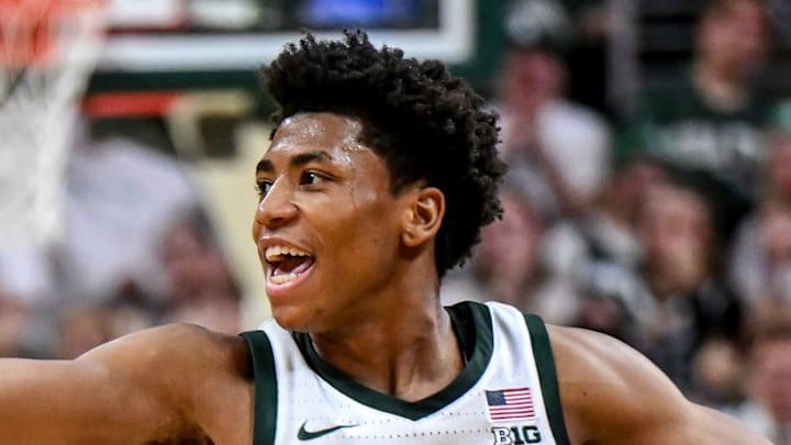 Michigan State's Jeremy Fears Jr. signals for the shot to cut after drawing a foul against Indiana during the first half on Tuesday, Jan. 13, 2026, at the Breslin Center in East Lansing.