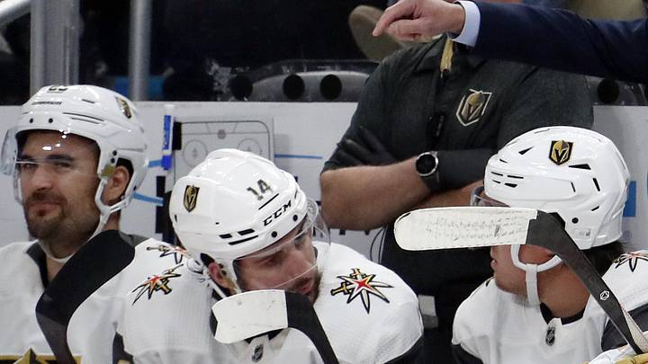 Nov 19, 2023; Pittsburgh, Pennsylvania, USA; Vegas Golden Knights head coach Bruce Cassidy (right rear) talks to defenseman Alex Pietrangelo (7) on the bench against the Pittsburgh Penguins during the third period at PPG Paints Arena. Pittsburgh won 3-0. Mandatory Credit: Charles LeClaire-Imagn Images Nov 19, 2023; Pittsburgh, Pennsylvania, USA; Vegas Golden Knights head coach Bruce Cassidy (right rear) talks to defenseman Alex Pietrangelo (7) on the bench against the Pittsburgh Penguins during the third period at PPG Paints Arena. Pittsburgh won 3-0. Mandatory Credit: Charles LeClaire-Imagn Images