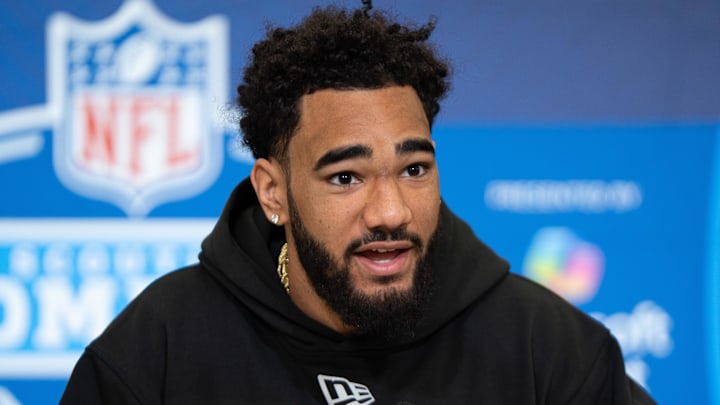 Former Indiana wideout Elijah Sarratt speaks to members of the media during the NFL Combine.