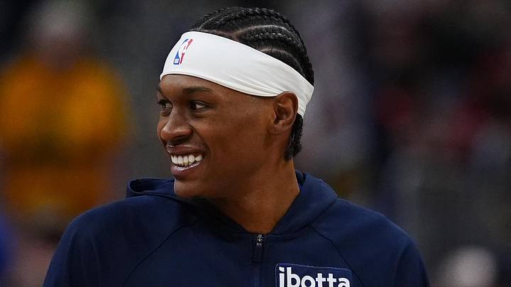 Mar 22, 2026; Denver, Colorado, USA; Denver Nuggets guard Peyton Watson (8) smiles before the game against the Portland Trail Blazers at Ball Arena. Mandatory Credit: Ron Chenoy-Imagn Images
