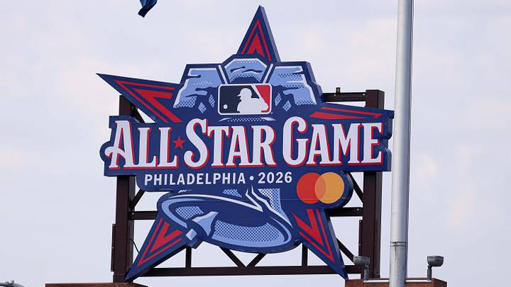 Fans stand under a 2026 All-Star Game sign at Citizens Bank Park. 