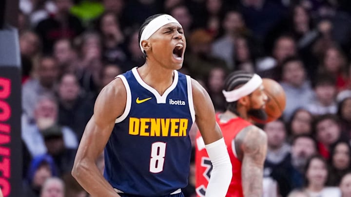 Dec 31, 2025; Toronto, Ontario, CAN; Denver Nuggets guard Peyton Watson (8) celebrates after scoring against the Toronto Raptors during the first half at Scotiabank Arena. Mandatory Credit: Kevin Sousa-Imagn Images