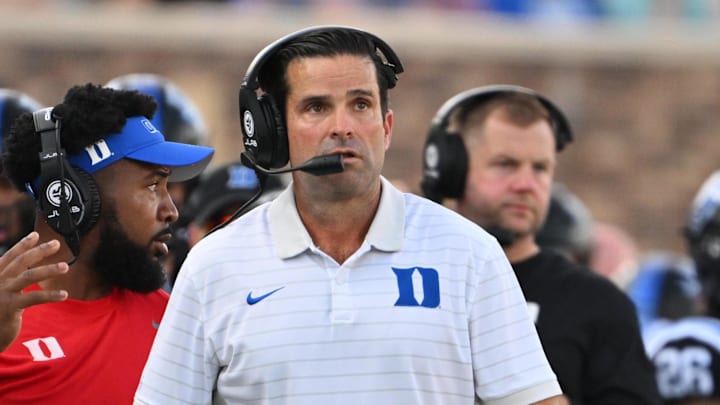 Sep 20, 2025; Durham, North Carolina, USA;  Duke Blue Devils head coach Manny Diaz during the second quarter against the NC State Wolfpack at Wallace Wade Stadium. Mandatory Credit: Zachary Taft-Imagn Images
