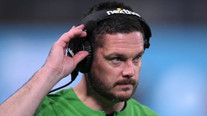 Dec 28, 2022; San Diego, CA, USA; Oregon Ducks head coach Dan Lanning looks on from the sideline during the second half against the North Carolina Tar Heels of the 2022 Holiday Bowl at Petco Park. Mandatory Credit: Orlando Ramirez-Imagn Images