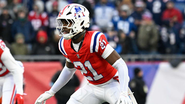 Dec 1, 2024; Foxborough, Massachusetts, USA; New England Patriots safety Jaylinn Hawkins (21) in game action against the Indianapolis Colts during the second half at Gillette Stadium. Mandatory Credit: Eric Canha-Imagn Images
