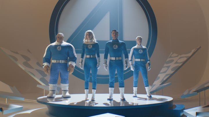 (L-R): Ebon Moss-Bachrach as Ben Grimm/The Thing, Vanessa Kirby as Sue Storm/Invisible Woman, Pedro Pascal as Reed Richards/Mister Fantastic and Joseph Quinn as Johnny Storm/Human Torch in 20th Century Studios/Marvel Studios' THE FANTASTIC FOUR: FIRST STEPS. Photo courtesy of 20th Century Studios/Marvel Studios. © 2025 20th Century Studios / © and ™ 2025 MARVEL.