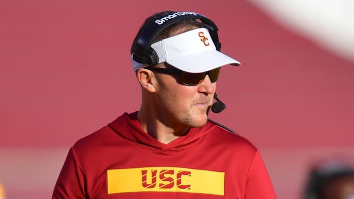 Nov 16, 2024; Los Angeles, California, USA; Southern California Trojans head coach Lincoln Riley watches game action against the Nebraska Cornhuskers during the second half at the Los Angeles Memorial Coliseum. Mandatory Credit: Gary A. Vasquez-Imagn Images