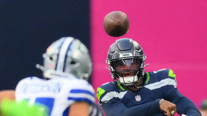 Seattle Seahawks quarterback Jalen Milroe passes the ball against the Dallas Cowboys. Seattle Seahawks quarterback Jalen Milroe passes the ball against the Dallas Cowboys.