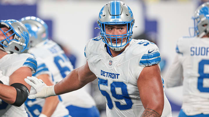 Detroit Lions offensive tackle Giovanni Manu (59). Detroit Lions offensive tackle Giovanni Manu (59).