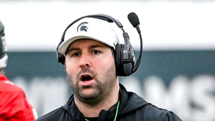 Michigan State's offensive coordinator Nick Sheridan works with the team during spring football practice on Tuesday, March 24, 2026, in East Lansing.