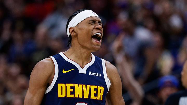 Mar 25, 2026; Denver, Colorado, USA; Denver Nuggets guard Peyton Watson (8) reacts after a play in the fourth quarter against the Dallas Mavericks at Ball Arena. Mandatory Credit: Isaiah J. Downing-Imagn Images