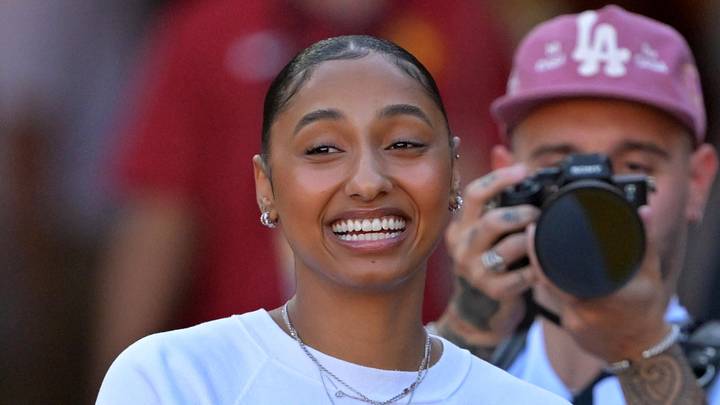 Oct 11, 2025; Los Angeles, California, USA; USC Trojans basketball player JuJu Watkins was on hand as she was named the tunnel captain the the game against the Michigan Wolverines at United Airlines Field at the Los Angeles Memorial Coliseum. Mandatory Credit: Jayne Kamin-Oncea-Imagn Images