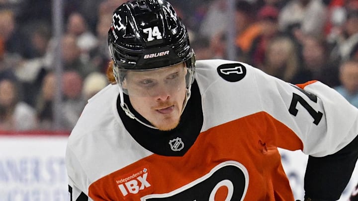 Feb 5, 2026; Philadelphia, Pennsylvania, USA; Philadelphia Flyers right wing Owen Tippett (74) skates past Ottawa Senators center Shane Pinto (12) during the first period at Xfinity Mobile Arena. Mandatory Credit: Eric Hartline-Imagn Images Feb 5, 2026; Philadelphia, Pennsylvania, USA; Philadelphia Flyers right wing Owen Tippett (74) skates past Ottawa Senators center Shane Pinto (12) during the first period at Xfinity Mobile Arena. Mandatory Credit: Eric Hartline-Imagn Images