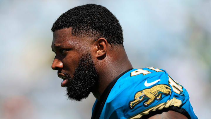 Jacksonville Jaguars defensive end Josh Hines-Allen (41) looks on during the third quarter of an NFL football matchup at EverBank Stadium, Sunday, Sept. 21, 2025, in Jacksonville, Fla. The Jaguars defeated the Texans 17-10.