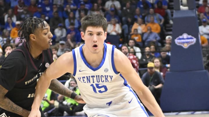 Mar 15, 2024; Nashville, TN, USA; Kentucky Wildcats guard Reed Sheppard (15) drives down the lane against the Texas A&M Aggies during the second half at Bridgestone Arena. Mandatory Credit: Steve Roberts-USA TODAY Sports