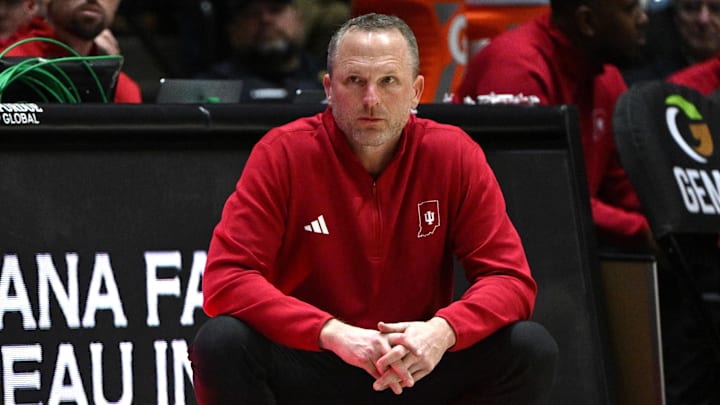 Indiana Hoosiers coach Darian DeVries against the Purdue Boilermakers at Mackey Arena. 