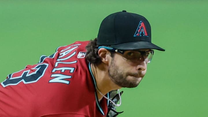 Sep 26, 2025; San Diego, California, USA; Arizona Diamondbacks starting pitcher Zac Gallen (23) throws a pitch during the first inning against the San Diego Padres at Petco Park. Mandatory Credit: David Frerker-Imagn Images