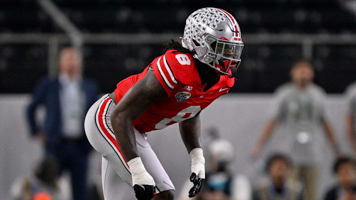 Dec 31, 2025; Arlington, TX, USA; Ohio State Buckeyes linebacker Arvell Reese (8) gets into position during the 2025 Cotton Bowl and quarterfinal game of the College Football Playoff at AT&T Stadium. Mandatory Credit: Jerome Miron-Imagn Images