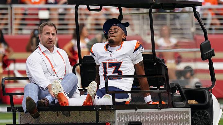 Oct 4, 2026; Santa Clara, California, USA; Denver Broncos wide receiver Pat Bryant (13) is carted off the field with an apparent injury during the second half against the San Francisco 49ers at Levi's Stadium. Oct 4, 2026; Santa Clara, California, USA; Denver Broncos wide receiver Pat Bryant (13) is carted off the field with an apparent injury during the second half against the San Francisco 49ers at Levi's Stadium.