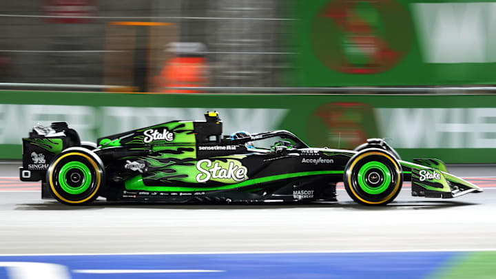 Nov 21, 2024; Las Vegas, Nevada, USA; Stake F1 Team Kick Sauber driver Zhou Guanyu of China (24) drives during practice for the Formula 1 Heineken Silver Las Vegas Grand Prix at the Las Vegas Circuit. Mandatory Credit: Lucas Peltier-Imagn Images