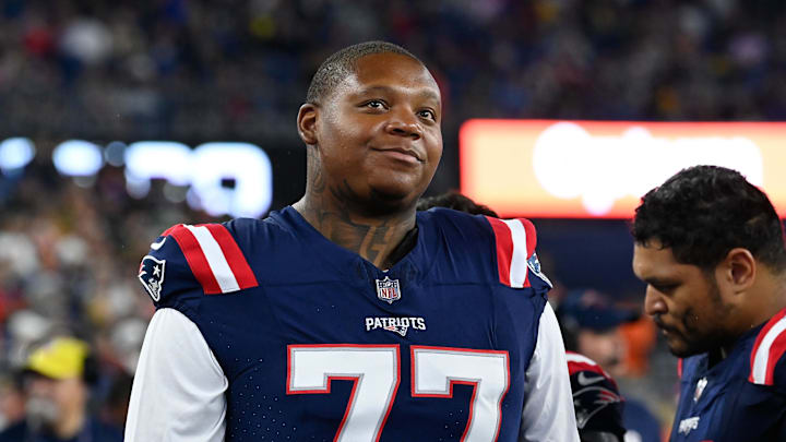 Aug 10, 2023; Foxborough, Massachusetts, USA; New England Patriots offensive tackle Trent Brown (77)