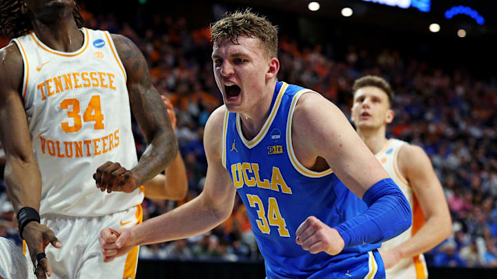 Mar 22, 2025; Lexington, KY, USA; UCLA Bruins forward Tyler Bilodeau (34) and Tennessee Volunteers forward Felix Okpara (34) react after a play during the first half in the second round of the NCAA Tournament at Rupp Arena. Mandatory Credit: Jordan Prather-Imagn Images Mar 22, 2025; Lexington, KY, USA; UCLA Bruins forward Tyler Bilodeau (34) and Tennessee Volunteers forward Felix Okpara (34) react after a play during the first half in the second round of the NCAA Tournament at Rupp Arena. Mandatory Credit: Jordan Prather-Imagn Images