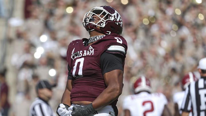 Oct 7, 2023; College Station, Texas, USA; Texas A&M Aggies defensive lineman Walter Nolen (0) reacts after a play during the second quarter against the Alabama Crimson Tide at Kyle Field. Mandatory Credit: Troy Taormina-Imagn Images Oct 7, 2023; College Station, Texas, USA; Texas A&M Aggies defensive lineman Walter Nolen (0) reacts after a play during the second quarter against the Alabama Crimson Tide at Kyle Field. Mandatory Credit: Troy Taormina-Imagn Images