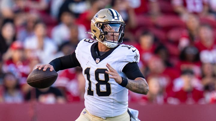 August 18, 2024; Santa Clara, California, USA; New Orleans Saints quarterback Spencer Rattler (18) during the second quarter against the San Francisco 49ers at Levi's Stadium. Mandatory Credit: Kyle Terada-Imagn Images