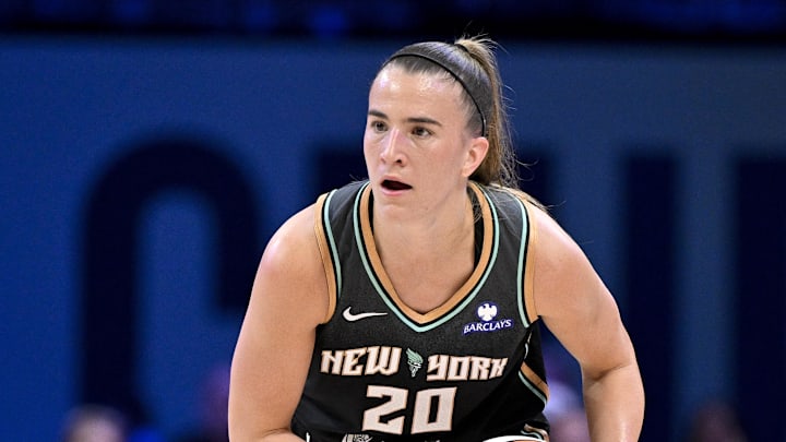 Aug 8, 2025; Arlington, Texas, USA; New York Liberty guard Sabrina Ionescu (20) in action during the game between the Dallas Wings and the New York Liberty at College Park Center. Mandatory Credit: Jerome Miron-Imagn Images