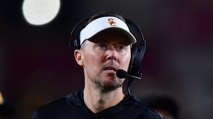 Nov 7, 2025; Los Angeles, California, USA; Southern California Trojans head coach Lincoln Riley watches game action against the Northwestern Wildcats during the second half at the Los Angeles Memorial Coliseum. Mandatory Credit: Gary A. Vasquez-Imagn Images