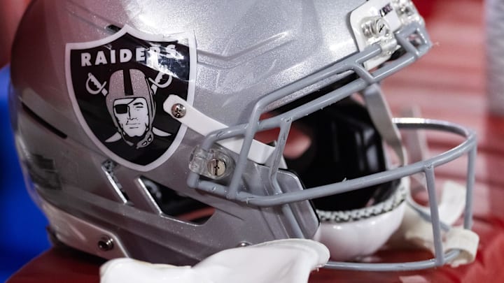Aug 23, 2025; Glendale, Arizona, USA; Detailed view of a Las Vegas Raiders helmet during a preseason NFL game at State Farm Stadium. Mandatory Credit: Mark J. Rebilas-Imagn Images
