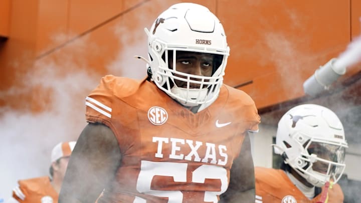 Nov 9, 2024; Austin, Texas, USA; Texas Longhorns defensive lineman Aaron Bryant (53) takes the field with teammates before a game against the Florida Gators at Darrell K Royal-Texas Memorial Stadium