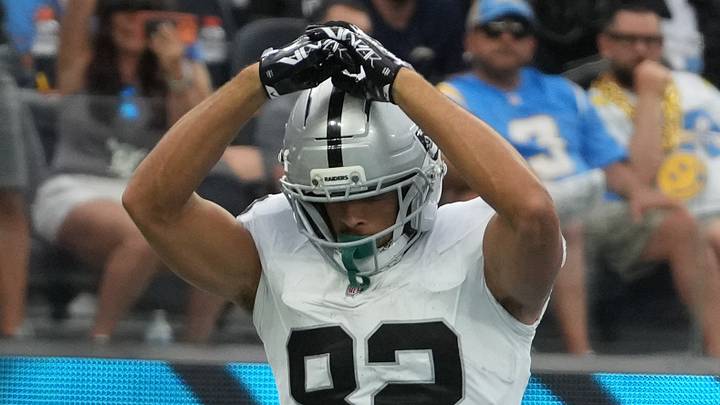 Sep 20, 2026; Inglewood, California, USA; Las Vegas Raiders wide receiver Cody White (82) celebrates after scoring a touchdown against the Los Angeles Chargers during the second half at SoFi Stadium. Mandatory Credit: Kirby Lee-Imagn Images Sep 20, 2026; Inglewood, California, USA; Las Vegas Raiders wide receiver Cody White (82) celebrates after scoring a touchdown against the Los Angeles Chargers during the second half at SoFi Stadium. Mandatory Credit: Kirby Lee-Imagn Images