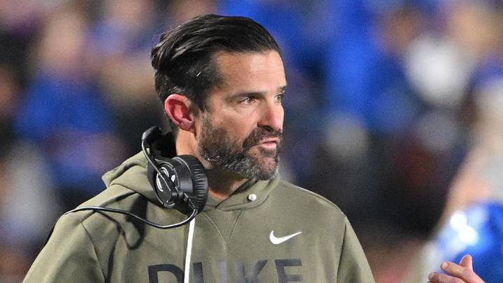 Nov 15, 2025; Durham, North Carolina, USA;  Duke Blue Devils head coach Manny Diaz reacts during the third quarter against the Virginia Cavaliers at Wallace Wade Stadium. Mandatory Credit: Zachary Taft-Imagn Images