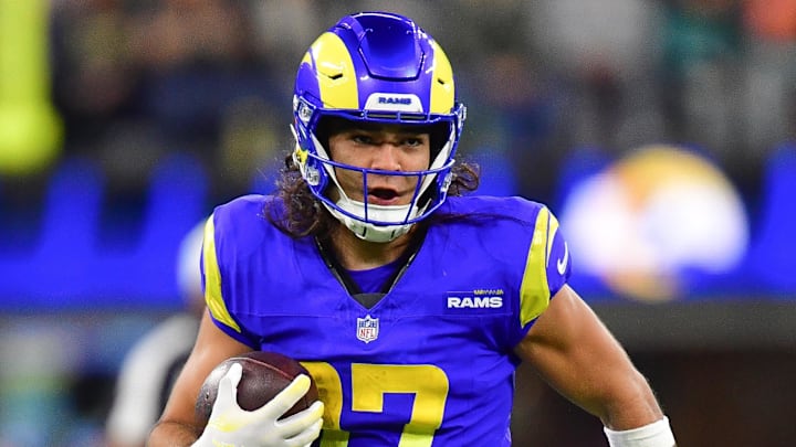 Nov 11, 2024; Inglewood, California, USA; Los Angeles Rams wide receiver Puka Nacua (17) runs the ball against the Miami Dolphins during the second half at SoFi Stadium. Mandatory Credit: Gary A. Vasquez-Imagn Images Nov 11, 2024; Inglewood, California, USA; Los Angeles Rams wide receiver Puka Nacua (17) runs the ball against the Miami Dolphins during the second half at SoFi Stadium. Mandatory Credit: Gary A. Vasquez-Imagn Images