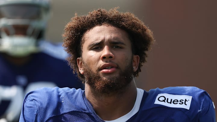 Aug 4, 2025; East Rutherford, NJ, USA; New York Giants OL Marcus Mbow (71) on the field during training camp at Quest Diagnostics Training Center. Aug 4, 2025; East Rutherford, NJ, USA; New York Giants OL Marcus Mbow (71) on the field during training camp at Quest Diagnostics Training Center.
