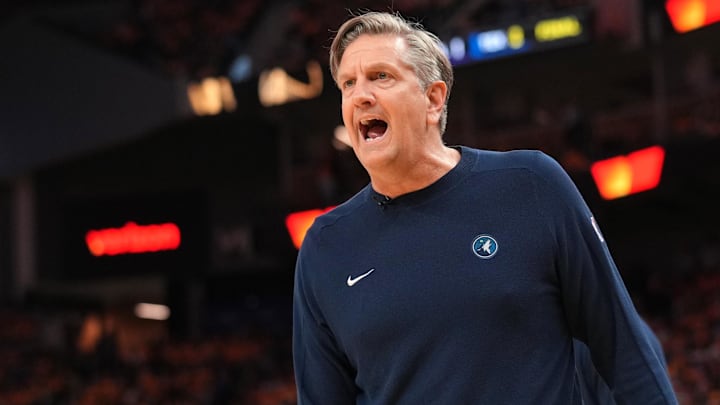 May 12, 2025; San Francisco, California, USA; Minnesota Timberwolves head coach Chris Finch reacts after the Timberwolves were called for a foul against the Golden State Warriors in the third quarter during game four of the second round for the 2025 NBA Playoffs at Chase Center. Mandatory Credit: Cary Edmondson-Imagn Images