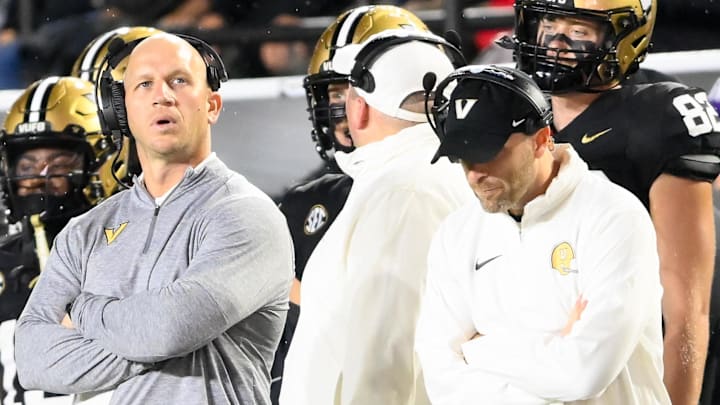 Nov 9, 2024; Nashville, Tennessee, USA;  Vanderbilt Commodores head coach Clark Lea watches the big screen after a miss called during the second half at FirstBank Stadium