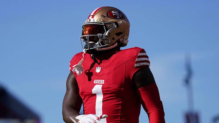 San Francisco 49ers wide receiver Deebo Samuel Sr. (1) walks on the field before the start of the game against the Chicago Bears at Levi's Stadium. Mandatory Credit: Cary Edmondson-Imagn Images