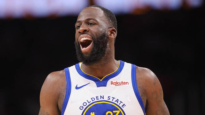 Mar 21, 2026; Atlanta, Georgia, USA; Golden State Warriors forward Draymond Green (23) reacts to a call against the Atlanta Hawks in the second quarter at State Farm Arena. Mandatory Credit: Brett Davis-Imagn Images
