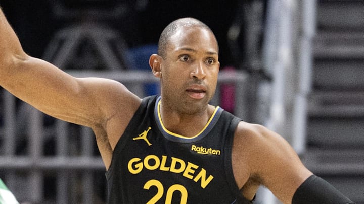 Feb 19, 2026; San Francisco, California, USA; Golden State Warriors center Al Horford (20) looks for an open teammate over Boston Celtics guard Derrick White (9) during the second quarter at Chase Center. Mandatory Credit: D. Ross Cameron-Imagn Images