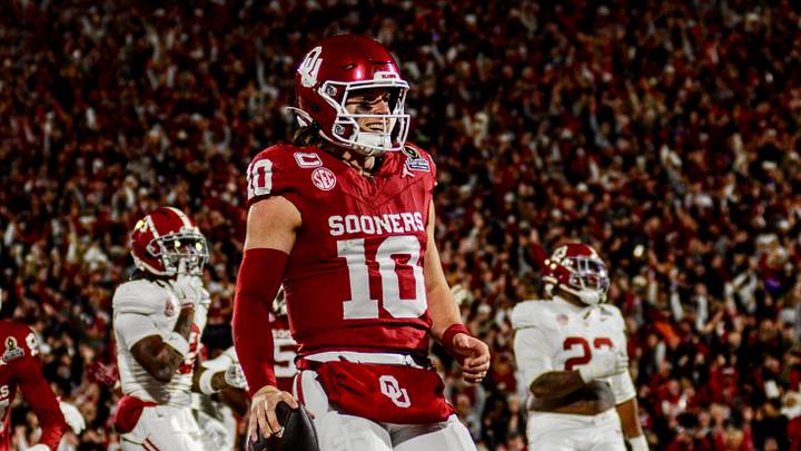 Oklahoma quarterback John Mateer celebrates after a touchdown against Alabama in the CFP. Oklahoma quarterback John Mateer celebrates after a touchdown against Alabama in the CFP.
